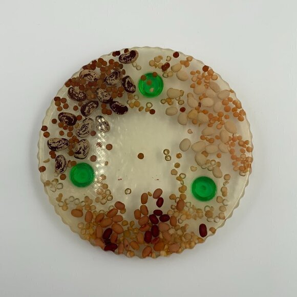 Vintage Handmade Mixed Bean Round Lucite Trivet with Green Feet - Picture 6 of 6